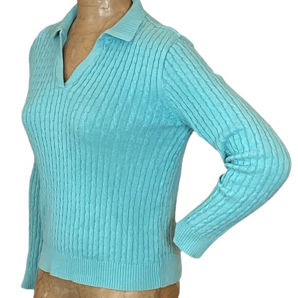 Karen Scott Cotton Cable-Knit Polo Sweater M Blue #270M - Picture 3 of 6